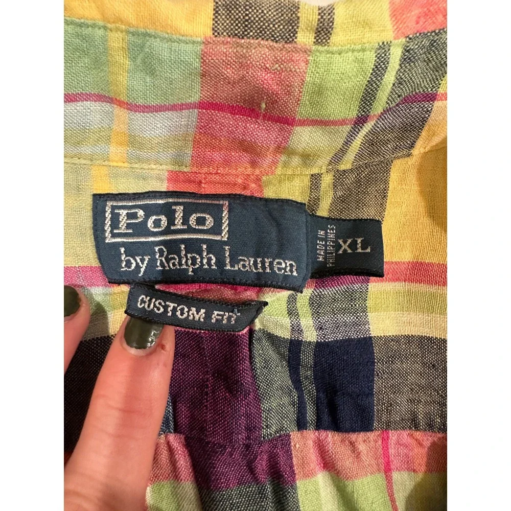 Polo Ralph Lauren Men's XL Plaid Linen Custom Fit Button Down Shirt Multicolored